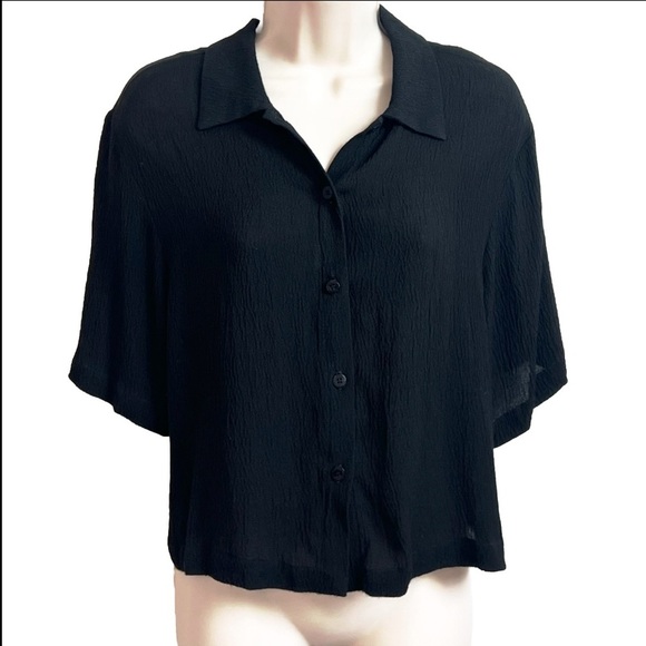 Eileen Fisher Tops - Eileen Fisher Black Rayon Button Down Short Sleeve Blouse Top Medium Lightweight